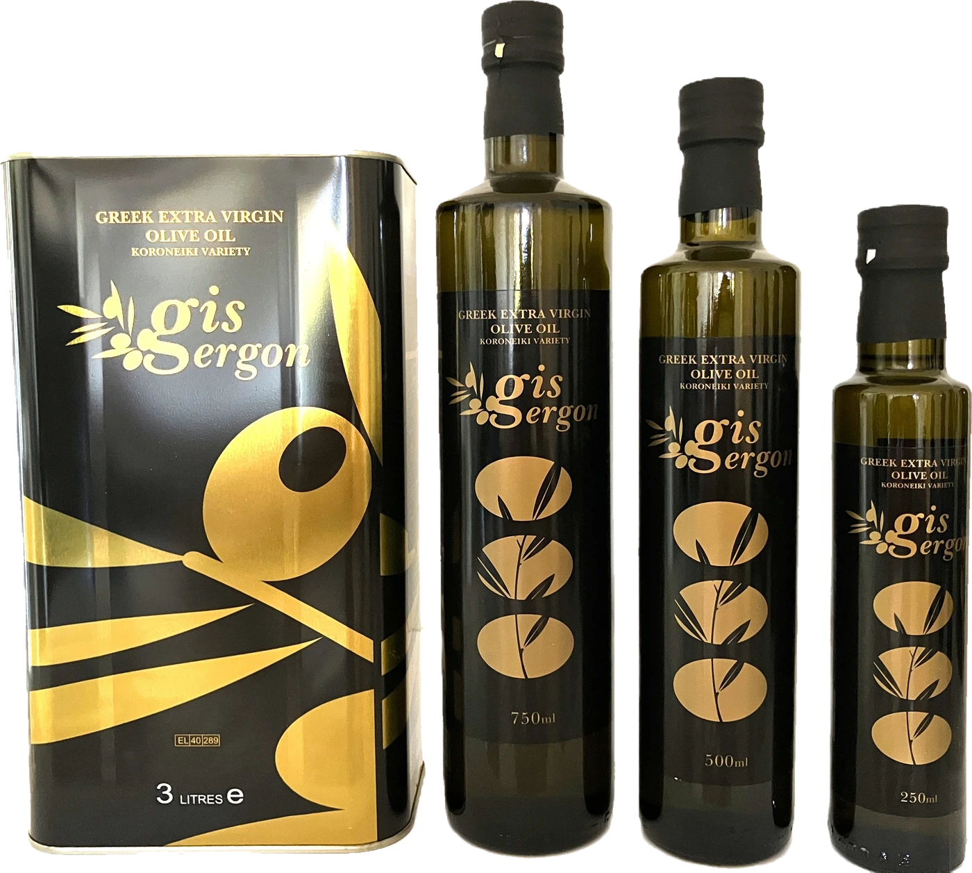 GIS ERGON 3 litre tin with 750ml, 500ml and 250ml bottles
